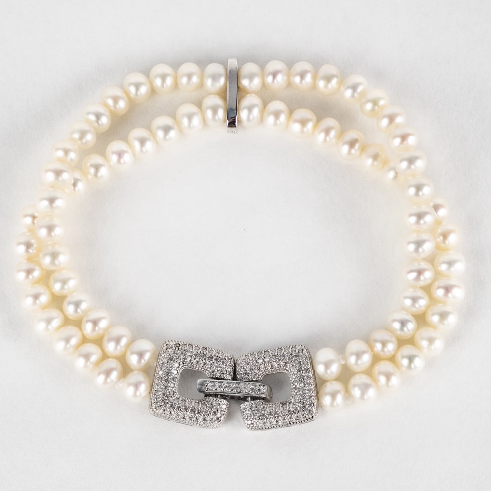 Elegant Double Strand Pearl Fully Iced Cubic Zirconia Buckle Bracelet